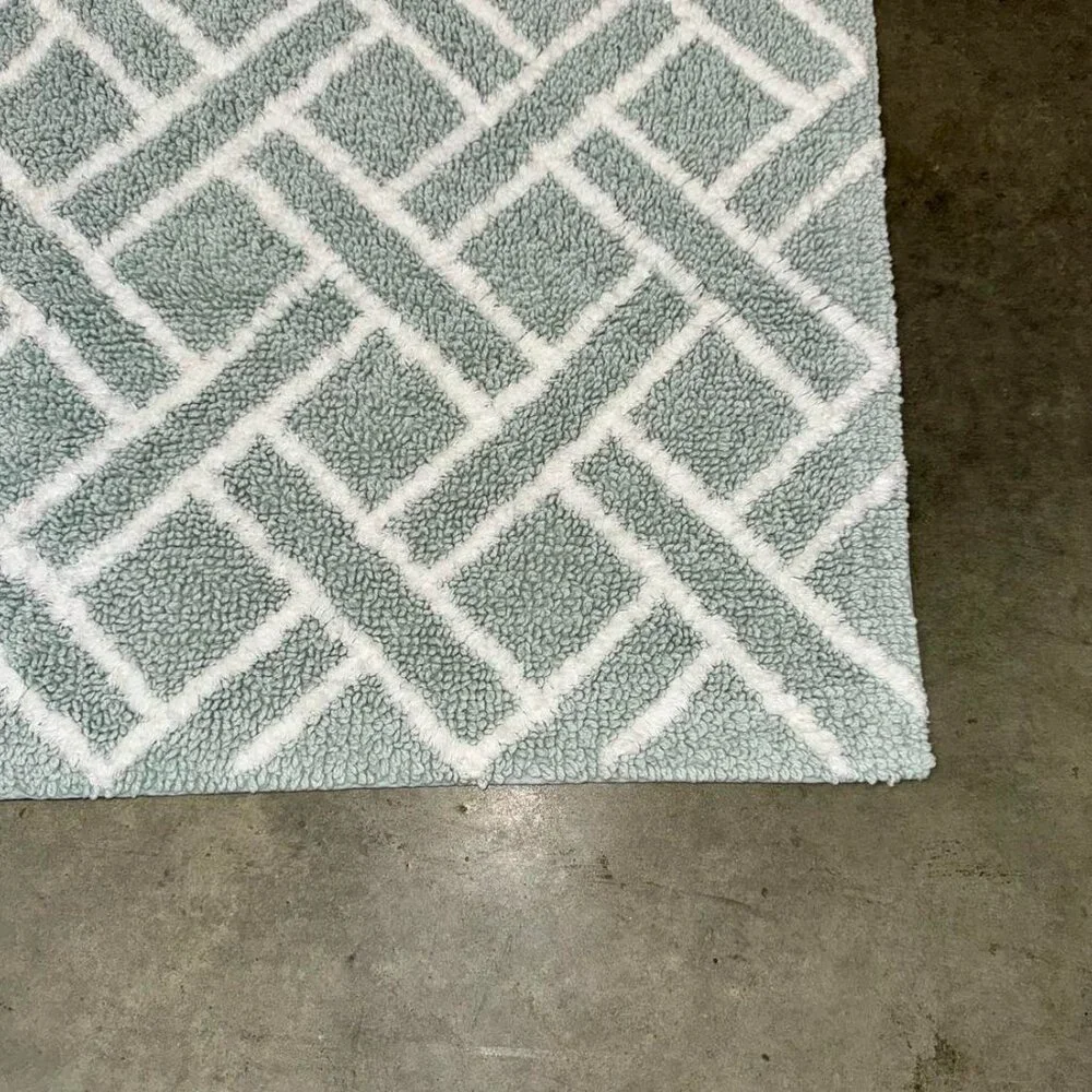 Ralph Lauren 21 x 34 Mint Green White Bath Mat Rug Geometric Striped Cotton